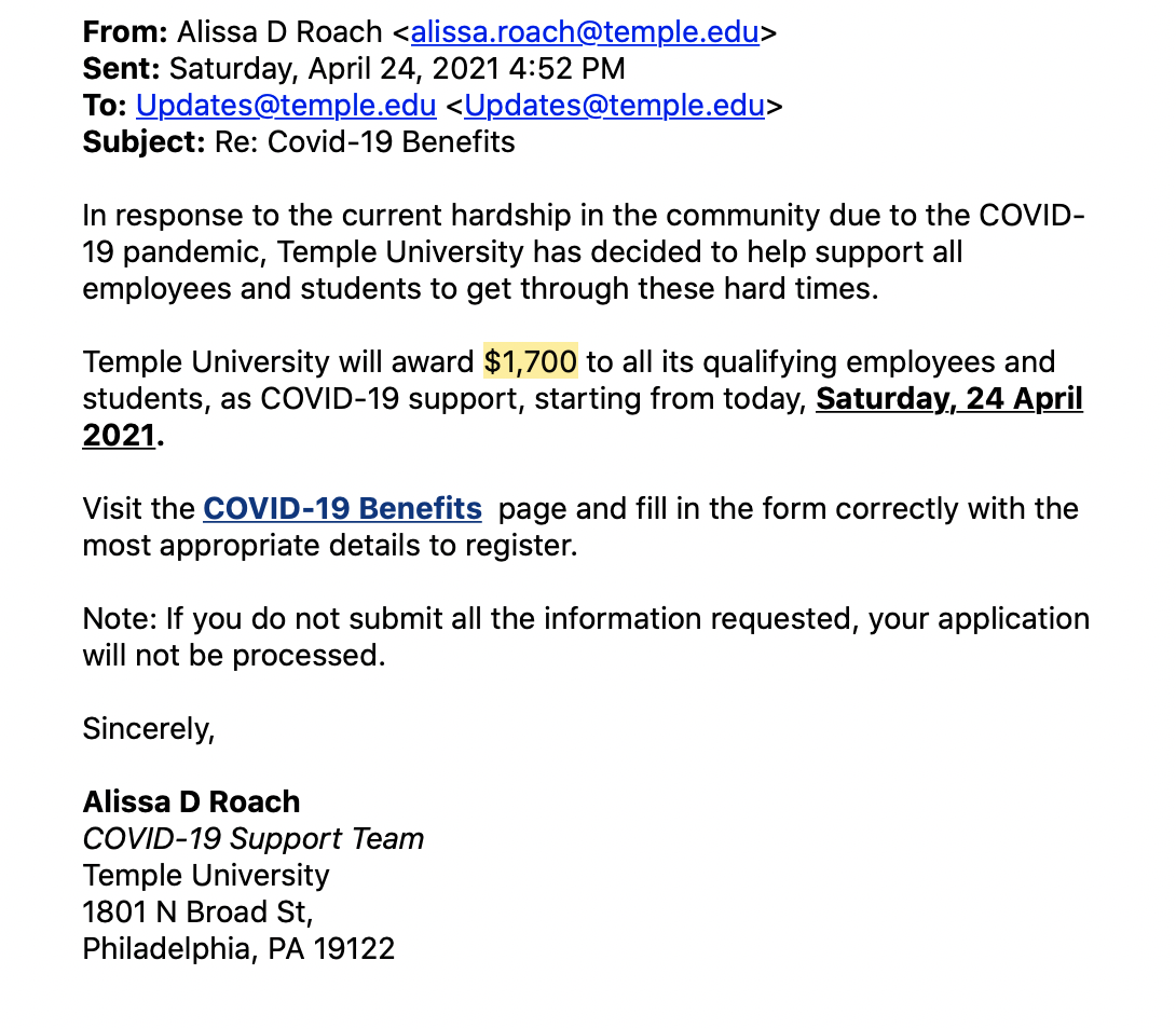 Financial scam email at Temple University on April 24,
2021.